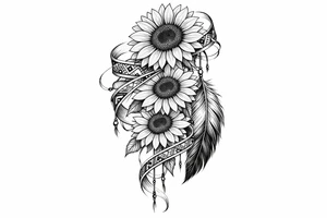 3 cascading Sunflowers with an Indian feather all wrapped in Indian ribbon tattoo idea