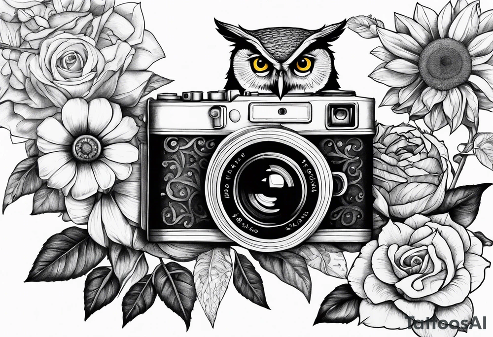 Sunflower, camera, book, owl, flower rose tattoo idea