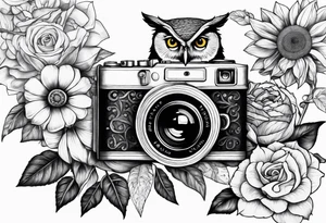 Sunflower, camera, book, owl, flower rose tattoo idea