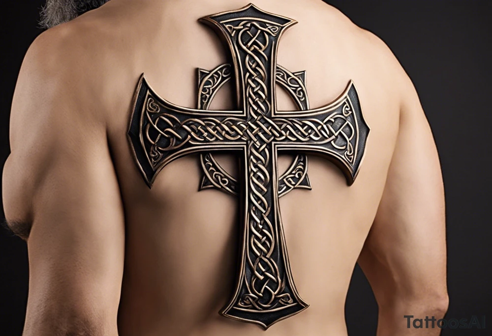 The tattoo features a Christian cross with a sharp lower end firmly planted into the ground. From the base of the cross, intricate roots extend outwards, symbolizing strength, growth, and deep roots in faith. The cross itself is adorned with intricate details, perhaps featuring Celtic or ornate patterns to add depth and texture.

On either side of the cross, two colossal dragon wings spread outwards, enveloping the cross in a protective embrace. The wings are dynamic and detailed, with scales, veins, and fine feather-like structures to convey the power and majesty of the mythical creature.

At the intersection of the cross, where the vertical and horizontal beams meet, there is a mesmerizing eyeball intricately depicted. The eye is detailed with vibrant colors and realistic shading, representing spiritual insight, watchfulness, and divine presence. tattoo idea