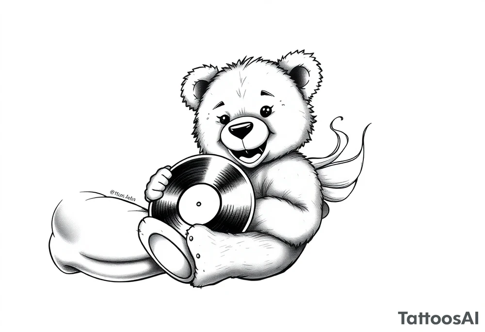 smiling teddy bear holding a vinyl record tattoo idea