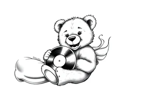 smiling teddy bear holding a vinyl record tattoo idea