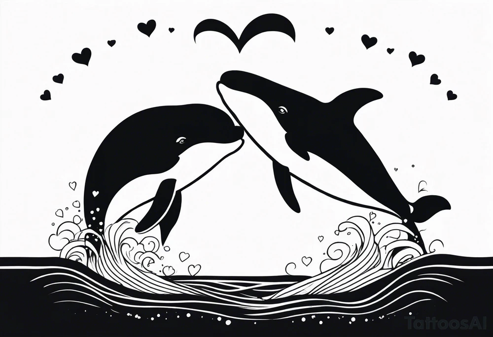 Two cartoon cute whales making heart tattoo idea