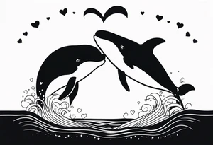 Two cartoon cute whales making heart tattoo idea