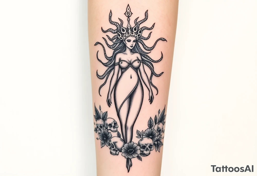 Ethereal Medusa standing. She is beautiful and feminine. She is a phoenix rising from fire and ash. Surrounded by flowers and skulls tattoo idea
