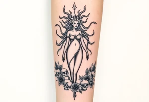 Ethereal Medusa standing. She is beautiful and feminine. She is a phoenix rising from fire and ash. Surrounded by flowers and skulls tattoo idea