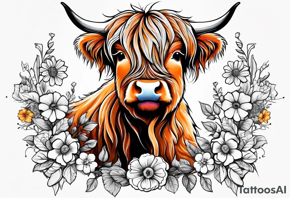 baby highland cow with the October flowers tattoo idea