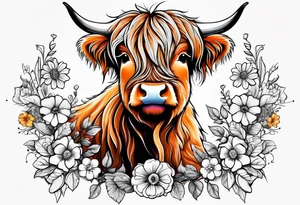 baby highland cow with the October flowers tattoo idea