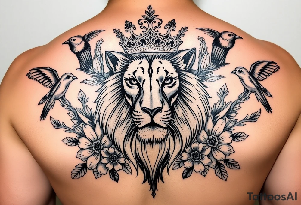 powerful majestic lion with a crown, surrounded by floral ornaments and birds tattoo idea
