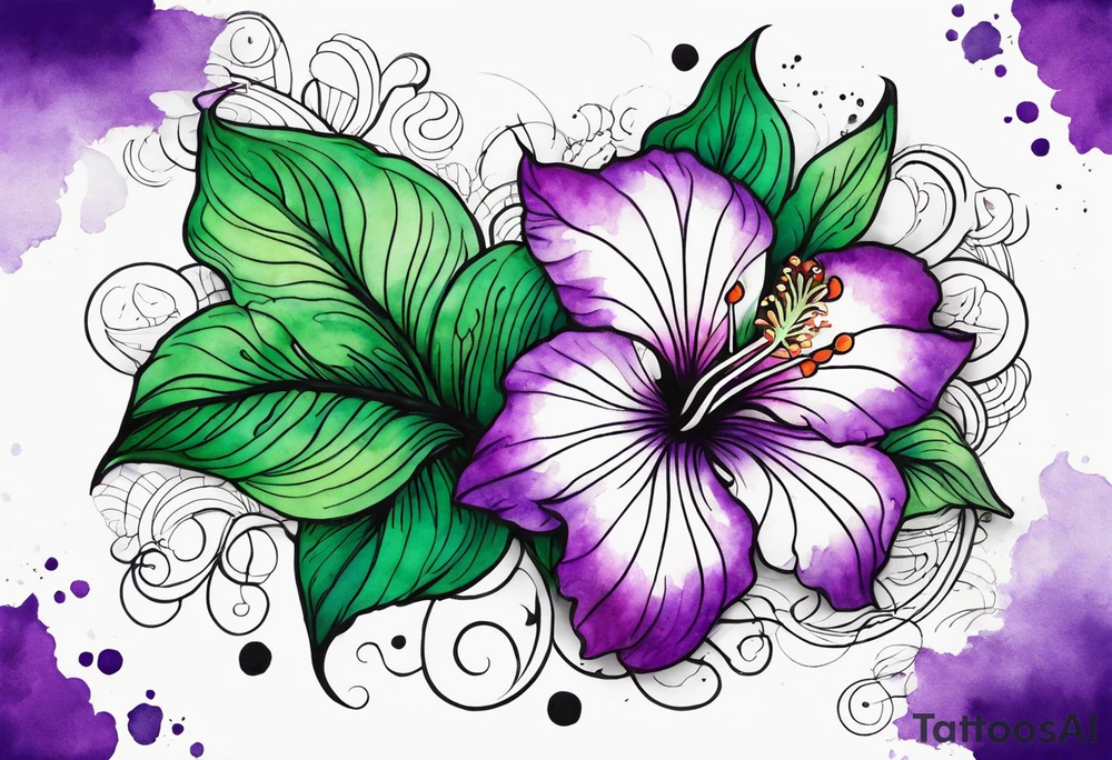 A mystical outline of a green and purple rio dipladenia flower and a green and purple watercolor splash in the background tattoo idea