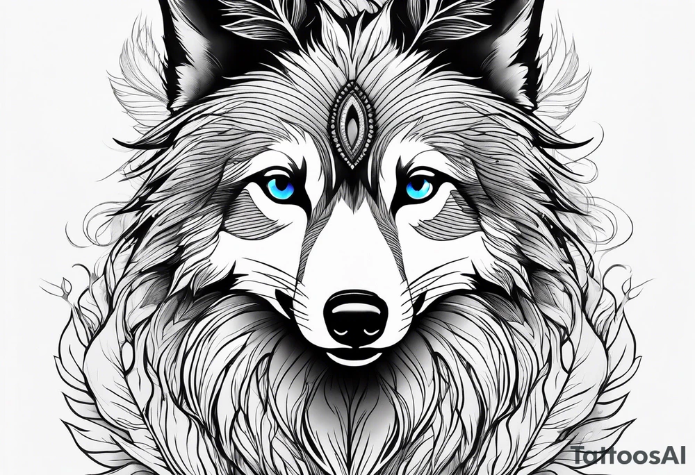 Peacock feather, wolf pup tattoo idea