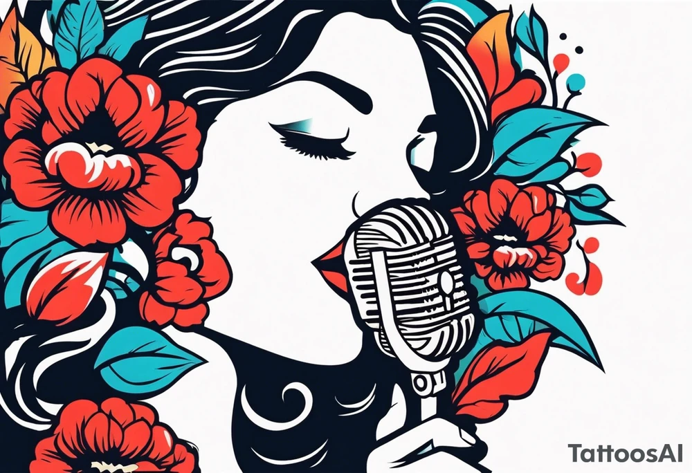 lips singing old school vintage traditional
flowers around and mouth next to microphone
bold and colorful simple design tattoo idea