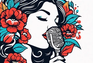 lips singing old school vintage traditional
flowers around and mouth next to microphone
bold and colorful simple design tattoo idea