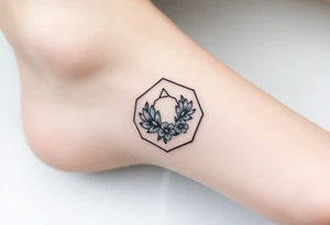 Hexagon with a constellation sign for Leo,  larkspur and water lilies in the center tattoo idea