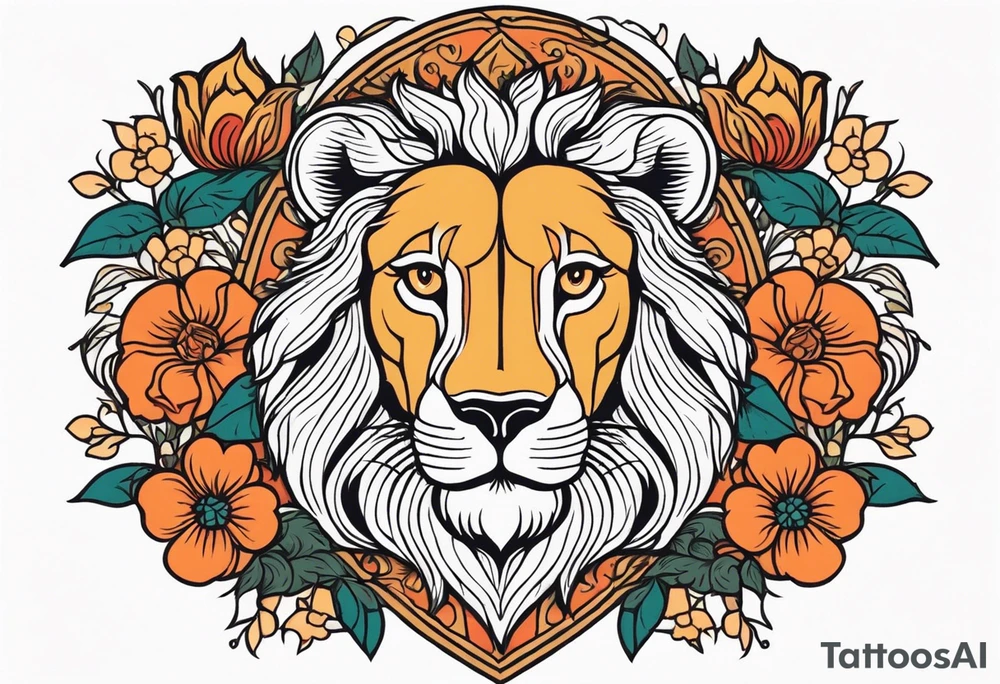 lion with lamb
vintage tattoo style old school traditional bold color simple with flowers surrounded tattoo idea