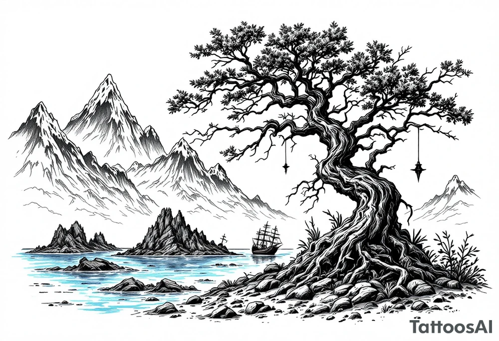acacia tree with mountains and the ocean and a ship wreck tattoo idea