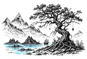 acacia tree with mountains and the ocean and a ship wreck tattoo idea