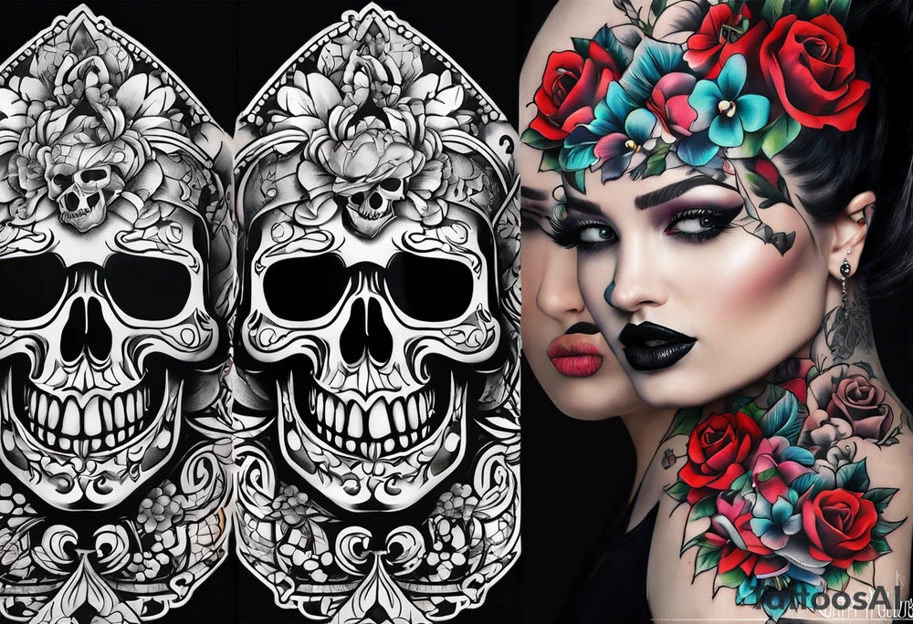 neck tattoo stencil about pain and struggle in new school or polka trash style with funny skulls tattoo idea