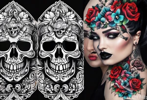 neck tattoo stencil about pain and struggle in new school or polka trash style with funny skulls tattoo idea