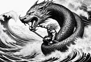 Thor fighting the world serpent in the ocean in a typhoon tattoo idea