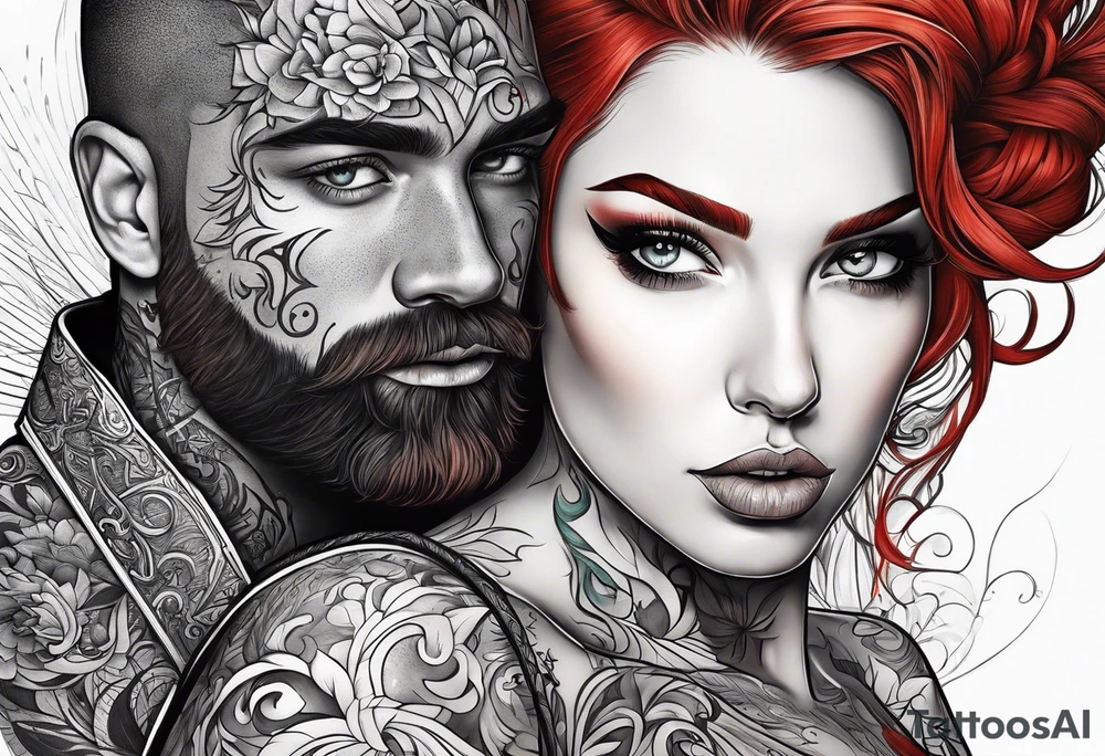 Busty red haired woman with a bearded man who has black hair tattoo idea
