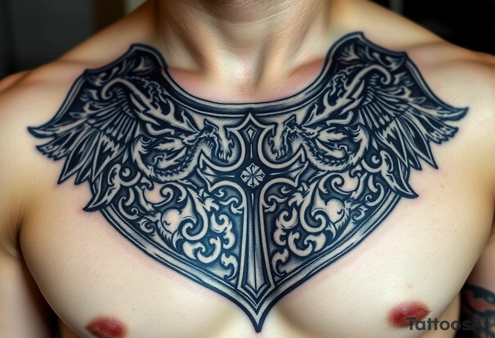 A close-up of an ornate Templar knight’s breastplate, with detailed engravings of dragons and templar cross tattoo idea