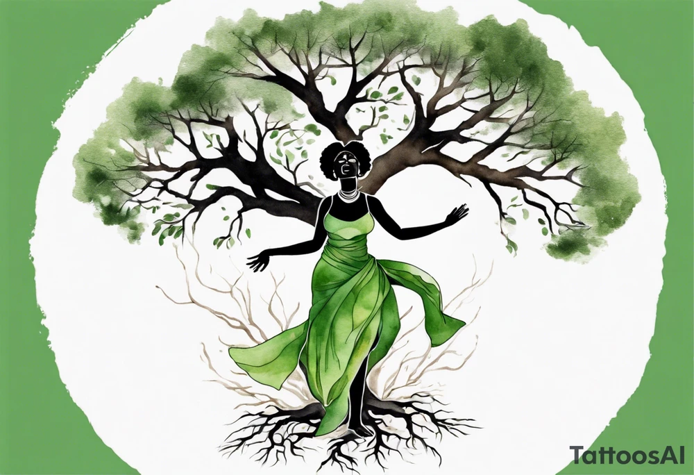 a tree trunk with roots that is a black woman from the waist up, arms reaching up to the sun, wearing a green tunic tattoo idea