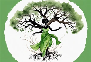 a tree trunk with roots that is a black woman from the waist up, arms reaching up to the sun, wearing a green tunic tattoo idea