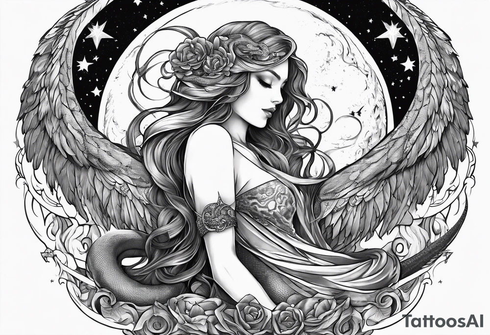 Lucifer (half angel and half snake) wraps the moon in the sky tattoo idea