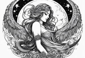 Lucifer (half angel and half snake) wraps the moon in the sky tattoo idea