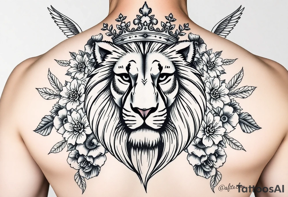 powerful majestic lion with a crown, surrounded by floral ornaments and birds tattoo idea