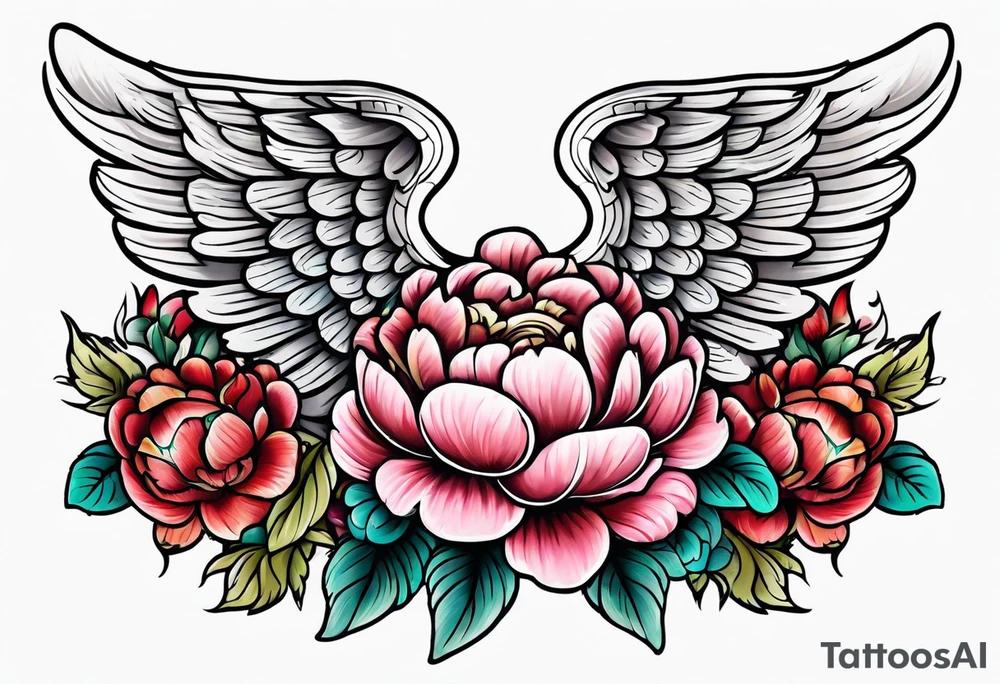 beautiful angel wings with colorful, peonies. beautiful flilligree in the background , full color, traditional old school tattoo idea