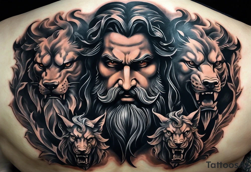 The tattoo features a highly realistic depiction of Hadès, the Greek god of the underworld, holding Cerberus, the three-headed guardian of the underworld, on a chain. Hadès is portrayed with a commanding and imposing presence. His face, marked by stern and intense eyes, exudes authority and control. His dark, flowing hair and beard are rendered with intricate details, adding texture and depth. He is draped in a richly detailed cloak that falls in realistic folds, enhancing his divine and somber demeanor. Cerberus, depicted in a dynamic and fierce pose, is shown with his three heads snarling and baring their fangs. Each head is intricately detailed with lifelike fur, sharp eyes, and menacing expressions. The three heads are chained, with the chains artistically wrapped around Hadès' hand, symbolizing his dominance over the beast. The chains themselves are depicted with realistic textures and shadows, emphasizing their weight and strength. The background remains minimalistic to keep the focus on Hadès and Cerberus. The tattoo uses detailed shading and highlights to bring out the textures of Hadès' cloak, Cerberus' fur, and the chains, capturing the dark and powerful essence of the Greek god and his fearsome guardian. tattoo idea