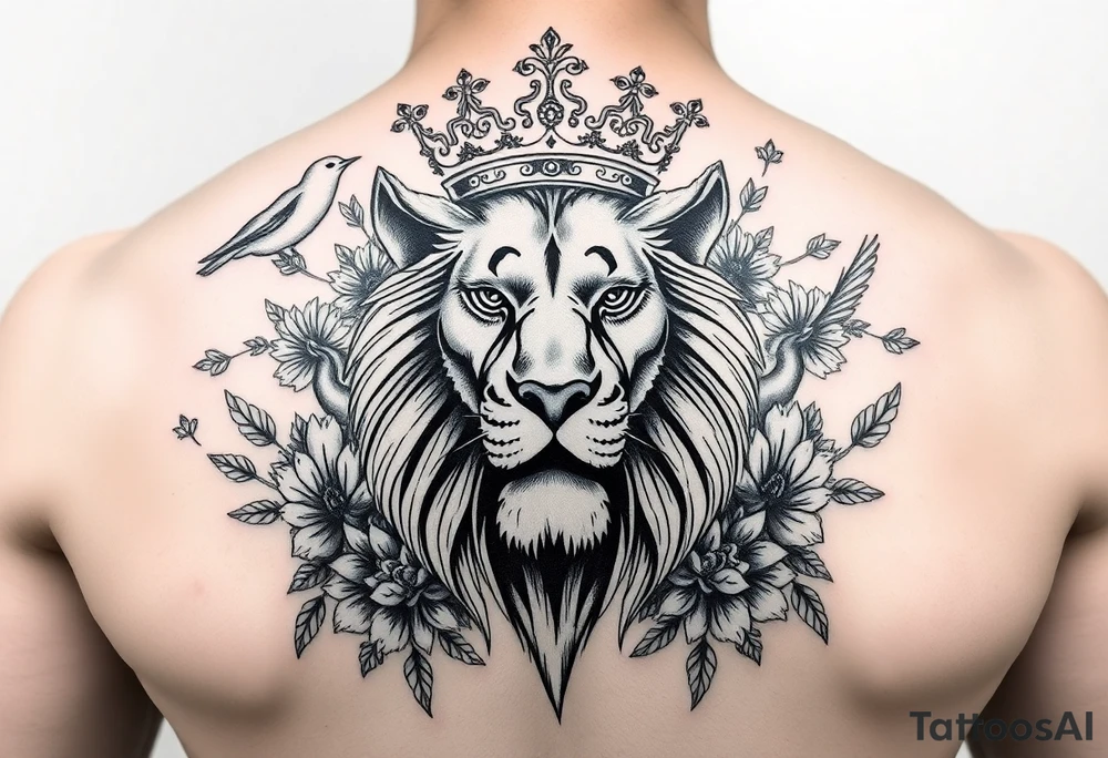 powerful majestic lion with a crown, surrounded by floral ornaments and birds tattoo idea