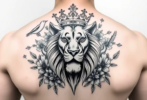 powerful majestic lion with a crown, surrounded by floral ornaments and birds tattoo idea