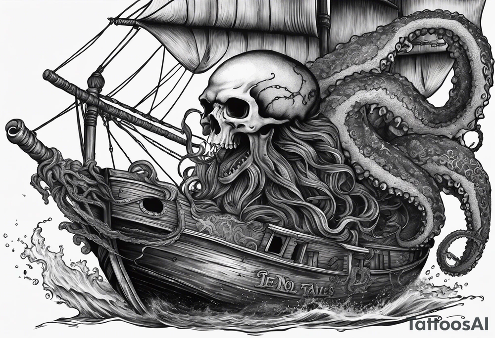 realistic and intricate depiction of the Kraken breaking a boat. Tentacles wrapping around the arm and interacting with a detailed skull.
"Dead men" text above the skull and "Tell no tales" below the skull. tattoo idea