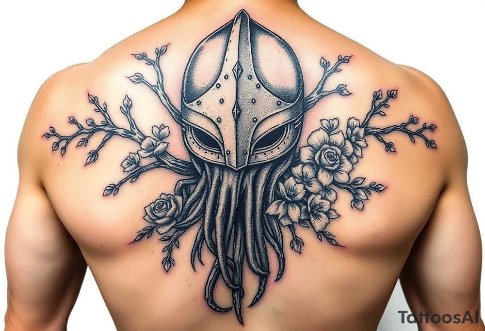 squid knight helmet combined with tree roots, cherry blossoms and roses rolling dice tattoo idea