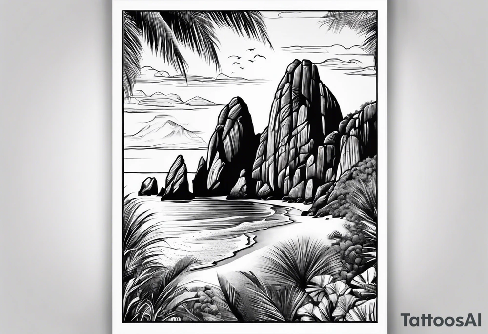 Cabo San Lucas beach with the famous rock formation overlooking ocean tattoo idea