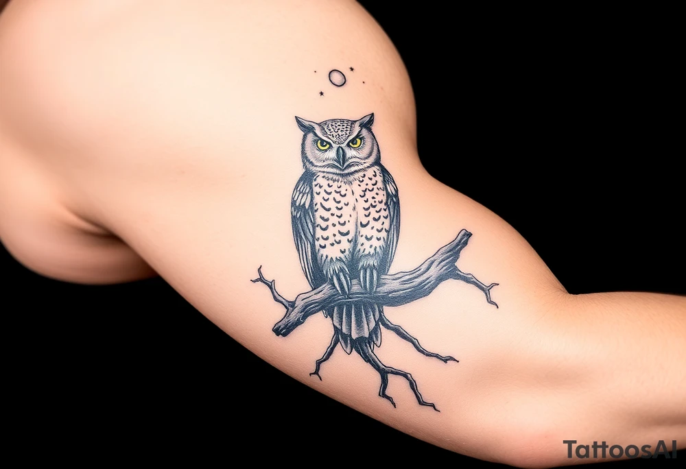 wise owl perched on ancient oak branch under starlit sky tattoo idea