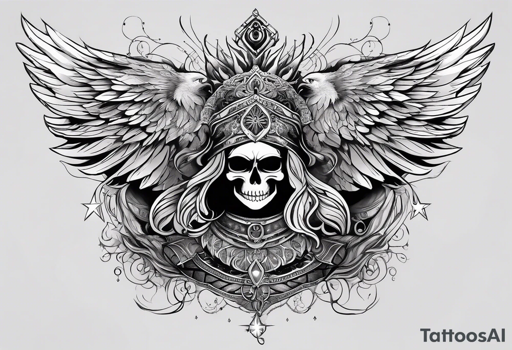 black kali, goddess pirate, alien, pachamama, valkrye, warrior, skull, lotus azul, wing, eagle, zenza resonance, stars, one side chest tattoo idea