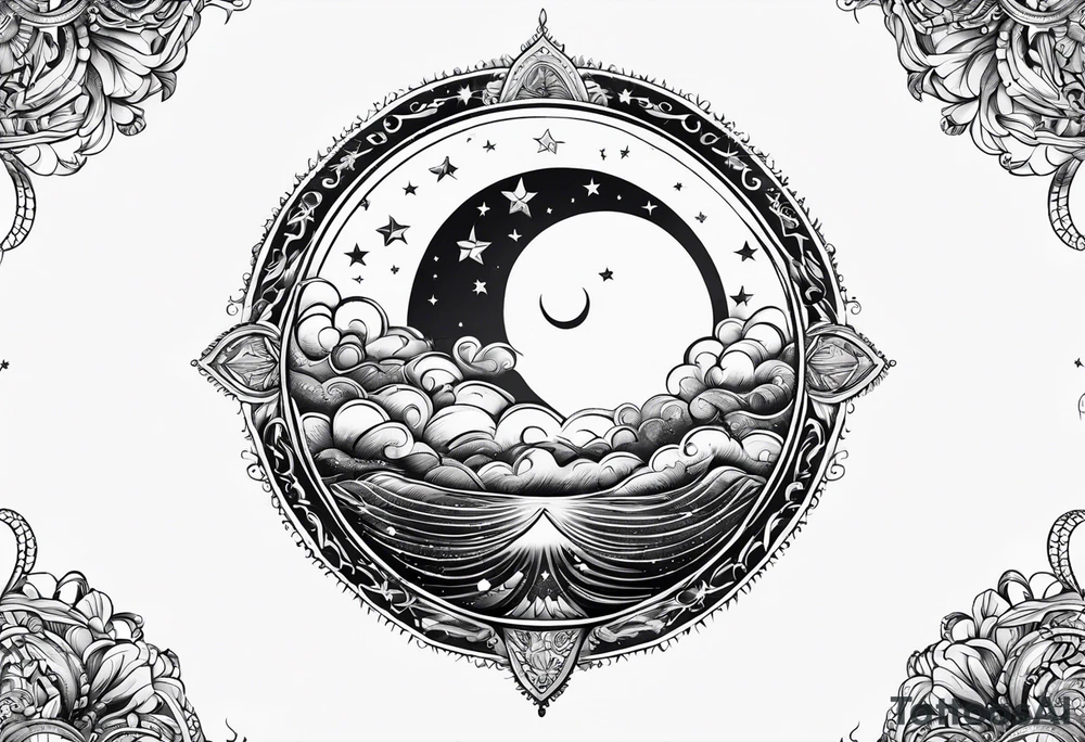 mezcla de sol luna y mar con estrellas brillantes tattoo idea