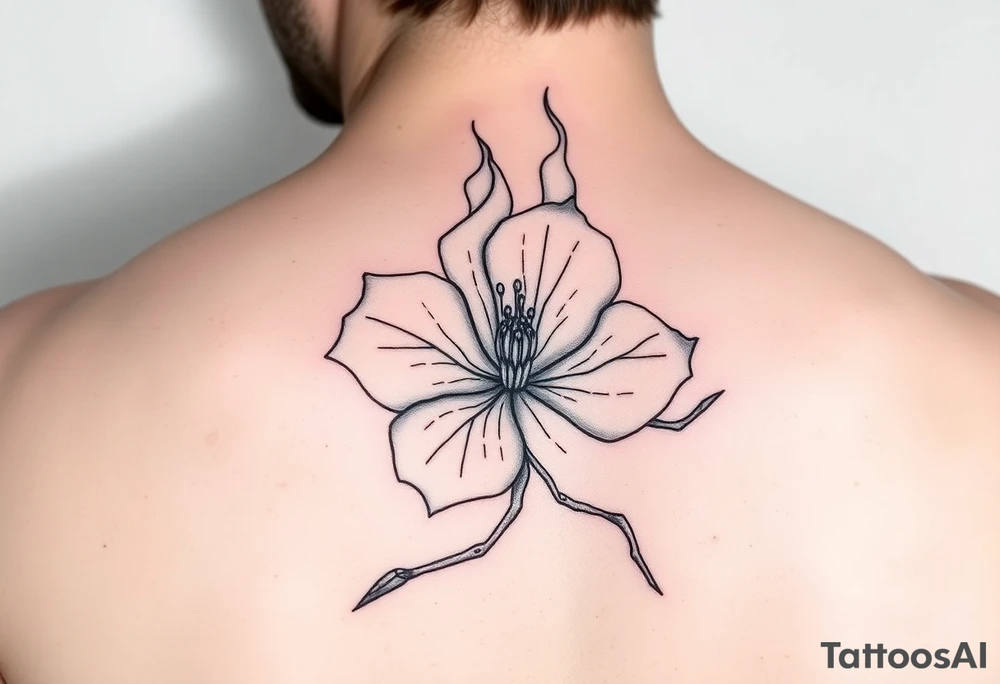 fine line dogwood blossom on fire tattoo idea