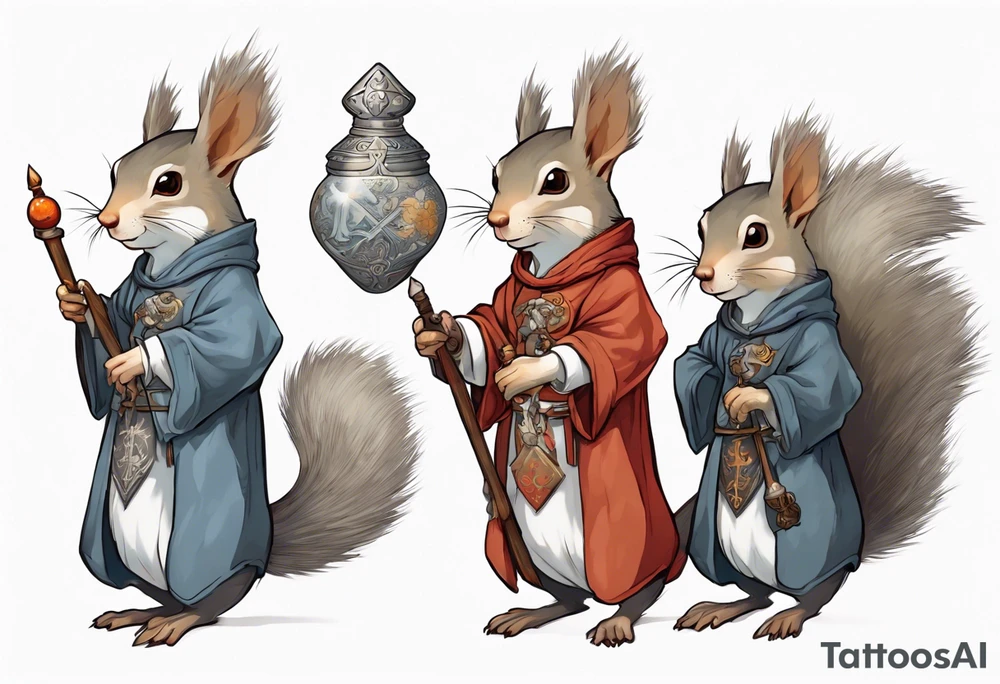 a grey squirrel dressed in a medieval tunic holding a silver wizard's staff tattoo idea
