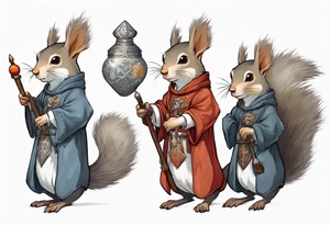a grey squirrel dressed in a medieval tunic holding a silver wizard's staff tattoo idea