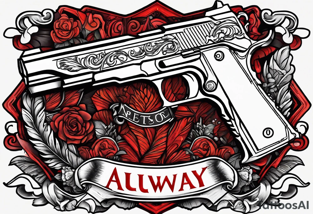 The letters AR with a pistol on each side and the word always on the top and ready on the bottom tattoo idea