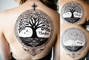 Create me a tattoo only in black with thin lines with a tree of life in the middle, a compass above with GPS coordinates, three little birds from the music "three little birds" by Bob Marley. tattoo idea