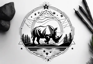 Fineline minimalistic tattoo with African continent as focus, rhino, camping which indicates adventure spirit, symbol of strength,  motherhood, pisces stars, lotus, sun, vertical alignment tattoo idea