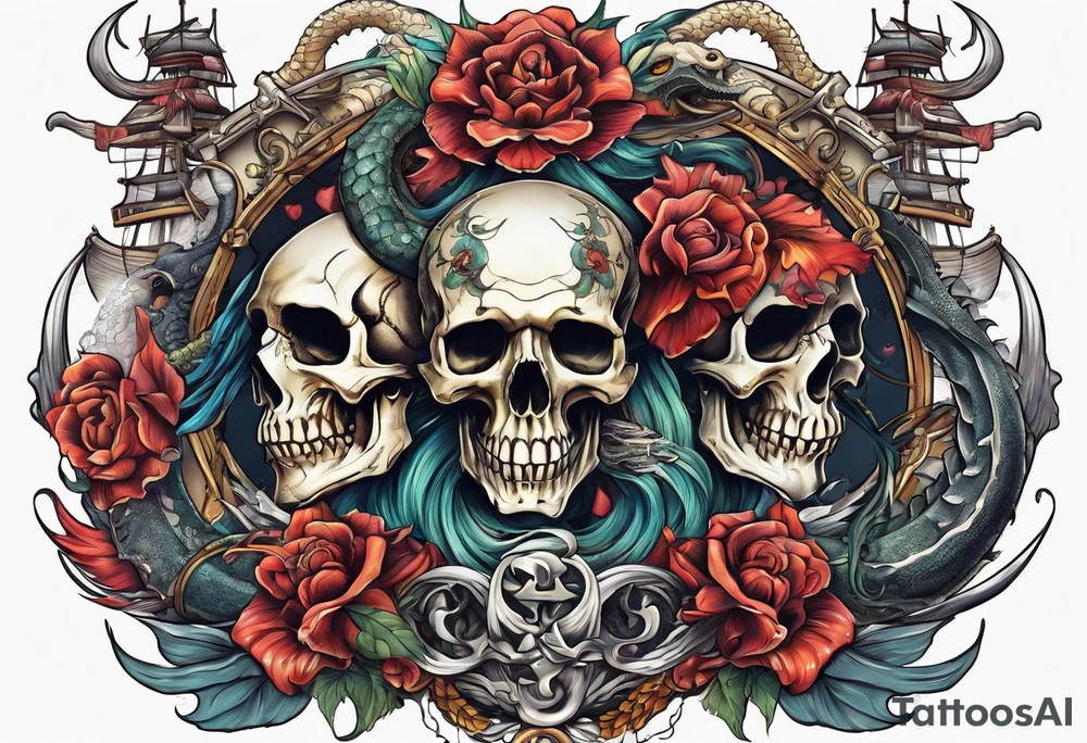 multiple skull pirates together with a sea serpent dragon tattoo idea