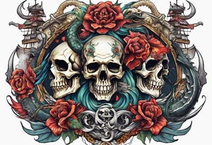 multiple skull pirates together with a sea serpent dragon tattoo idea