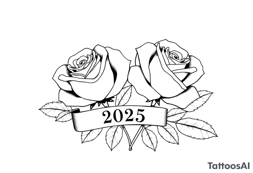 two beautiful large rose buds, one larger than the other, with many leaves next to the rose buds, with one sitting slightly higher than the other, side-by-side.  Include a banner connecting the two roses with the year 2025 on it.   Use dark outlines with little shading. No stems tattoo idea